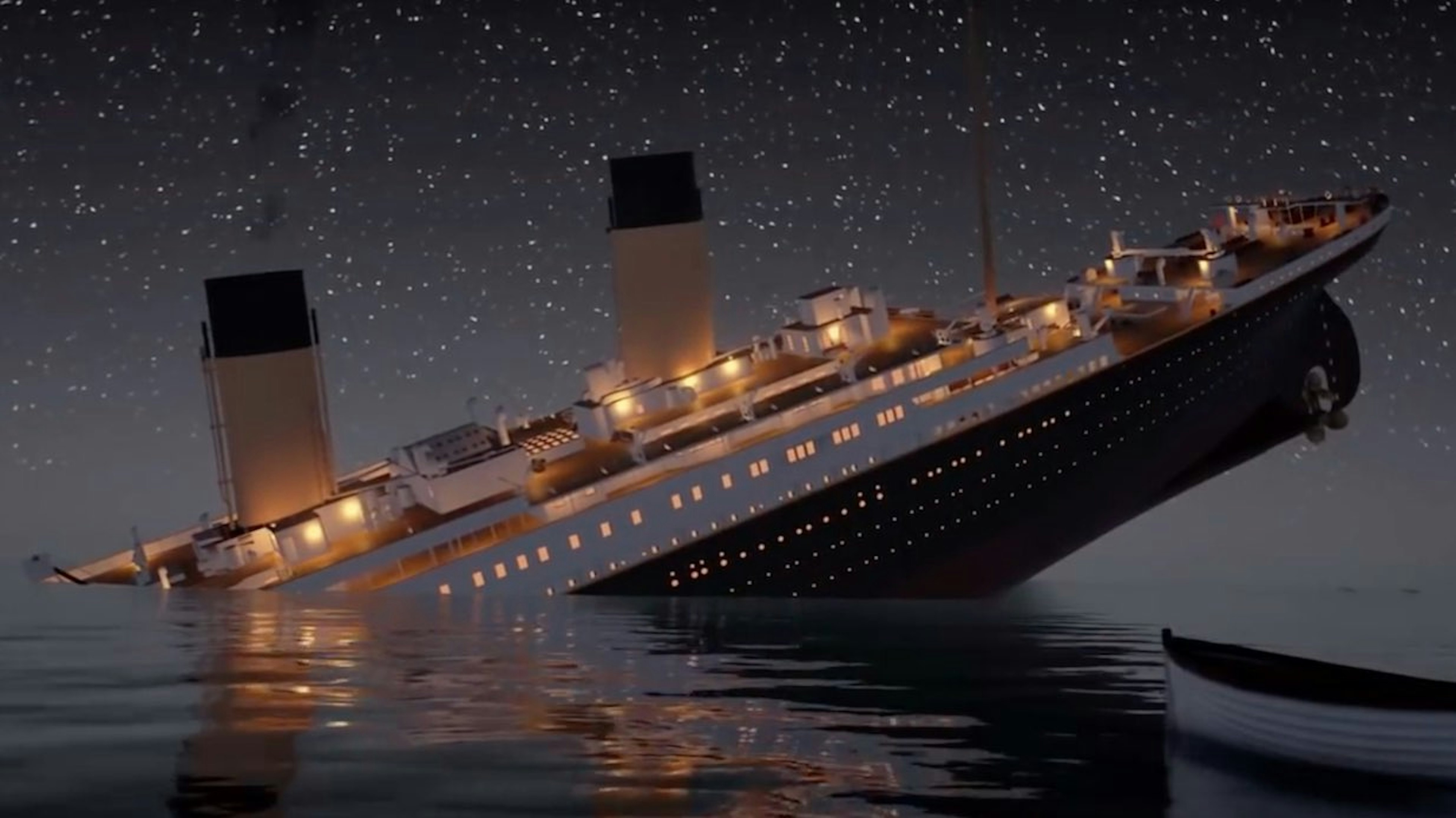 Animerad bild på HMS Titanic som går i kvav.
