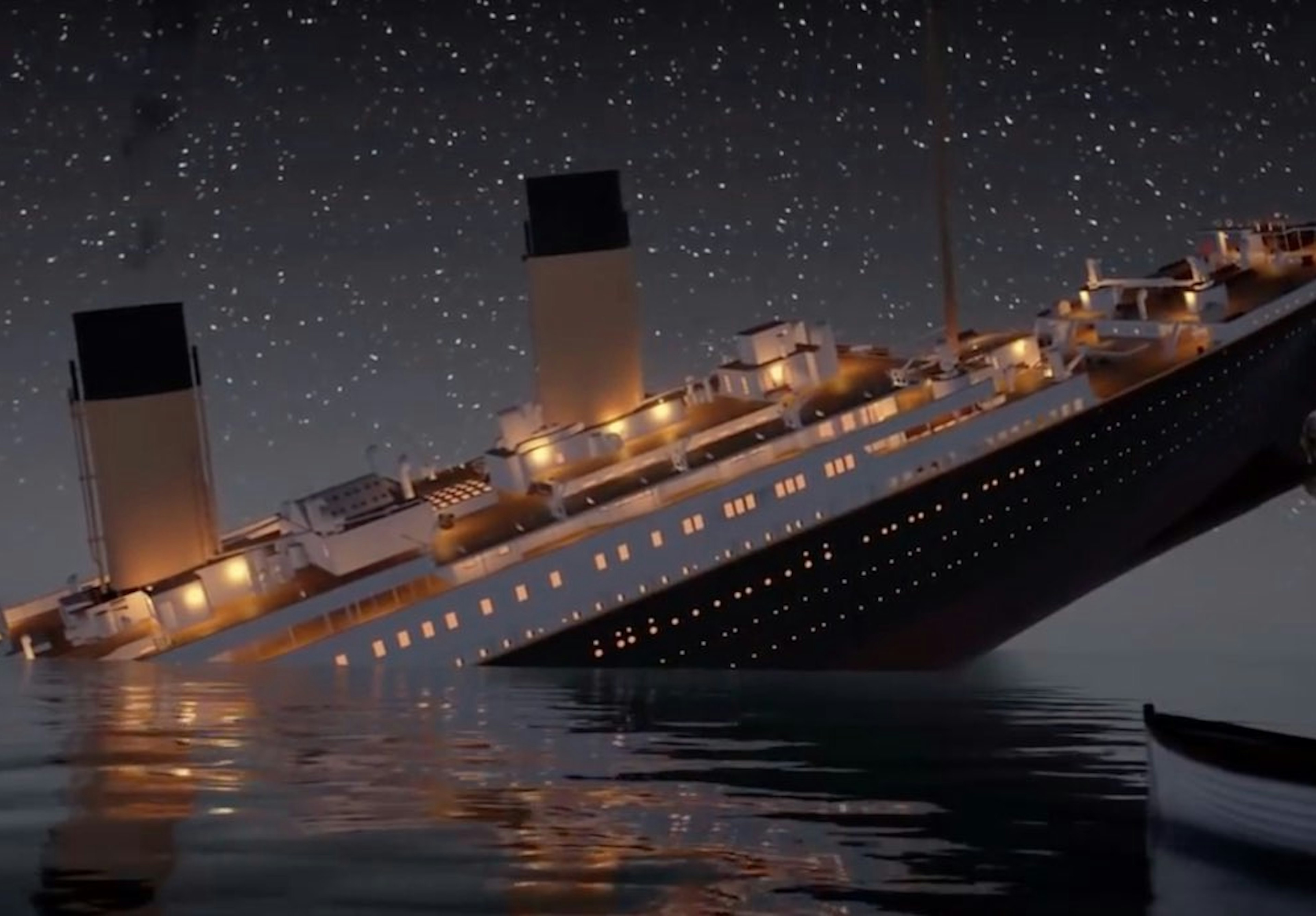 Animerad bild på HMS Titanic som går i kvav.